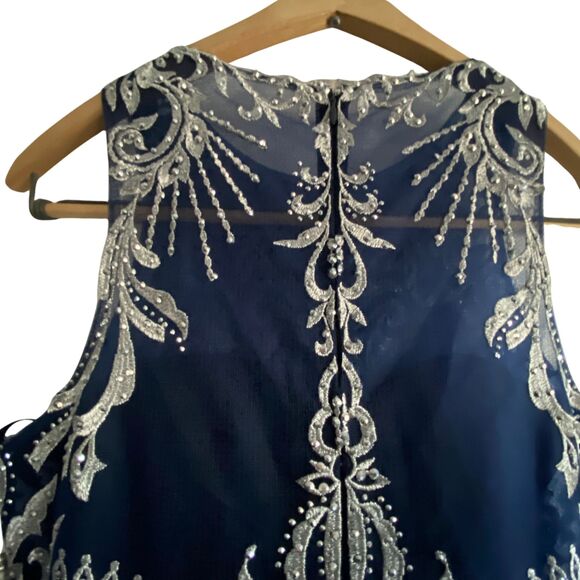Cachet Navy Blue Rhinestone Beaded Embroidered Long Formal Dress Gown Prom sz 4 - Picture 7 of 13